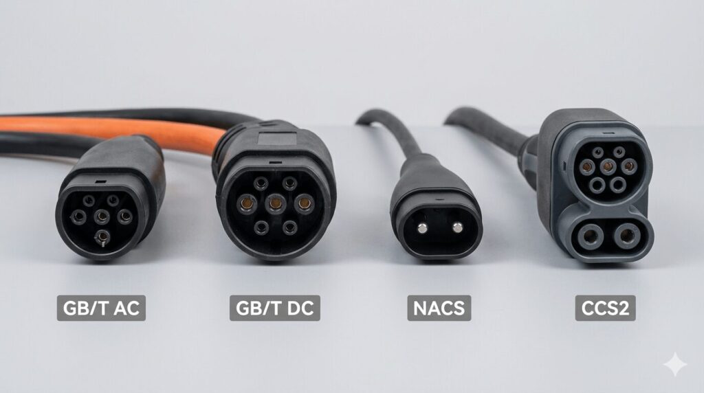 GB/T vs NACS vs CCS which EV charger plug do you actually need in China in 2026 — side by side comparison of the four main connector standards: Chinese GB/T AC, Chinese GB/T DC, NACS, and CCS2