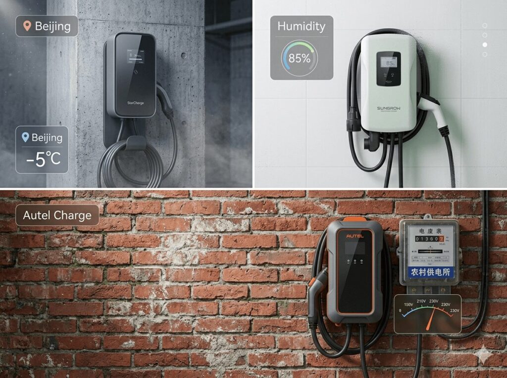 Comparison of hardware specifications for tier 1 vs tier 2 city charging solutions for Beijing high-rises vs Chengdu villas vs rural villages showing StarCharge on concrete, Sungrow on villa tile, and Autel on rural brick with voltage meter.