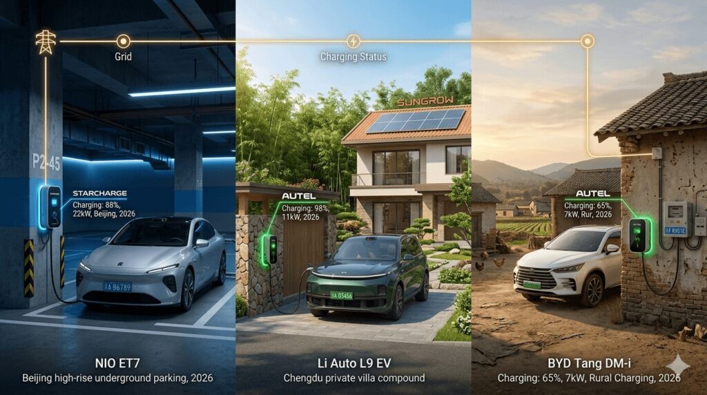 Split screen comparison of tier 1 vs tier 2 city charging solutions for Beijing high-rises vs Chengdu villas vs rural villages showing underground parking with StarCharge charger, villa with solar panels and Autel charger, and rural village house with wall-mounted charger and BYD vehicle.