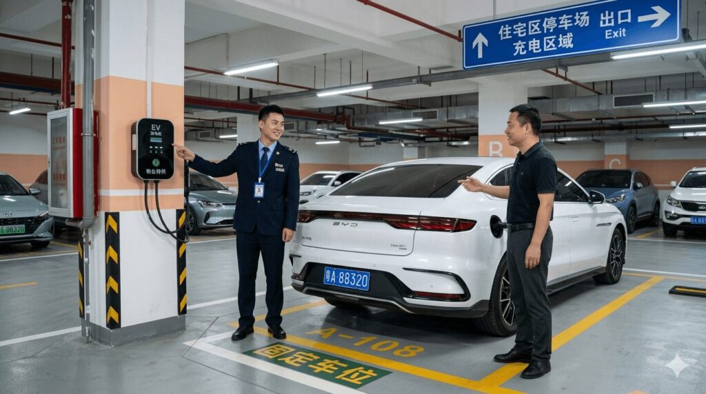 A Chinese homeowner and a property manager discuss installation next to an EV in a modern apartment garage, illustrating apartment EV charging solutions 2026 China HOA rules property manager permissions and fixed parking rights.