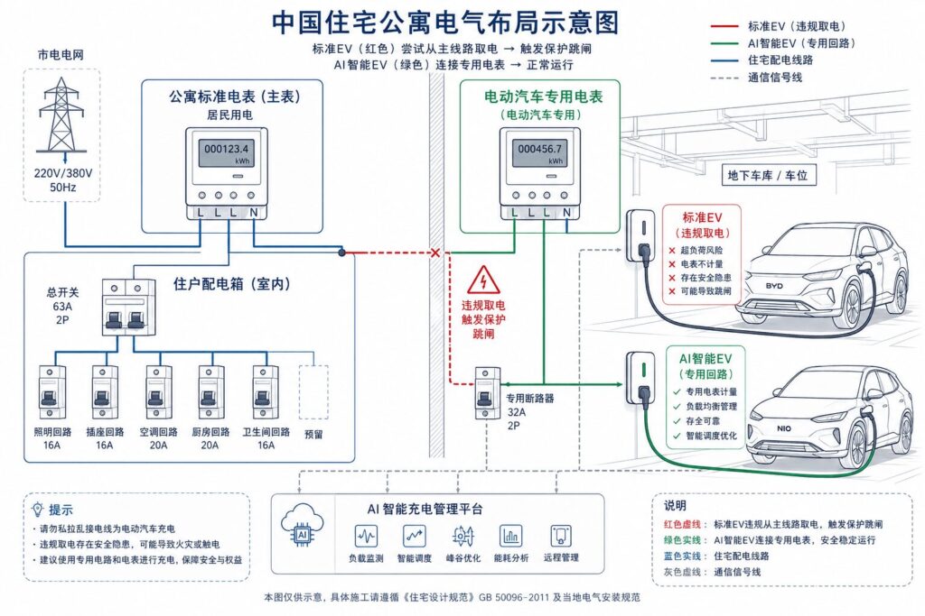 Technical diagram explaining smart EV chargers 2026 AI load balancing vs standard features worth the extra cost in China specifically for dedicated apartment circuits.
