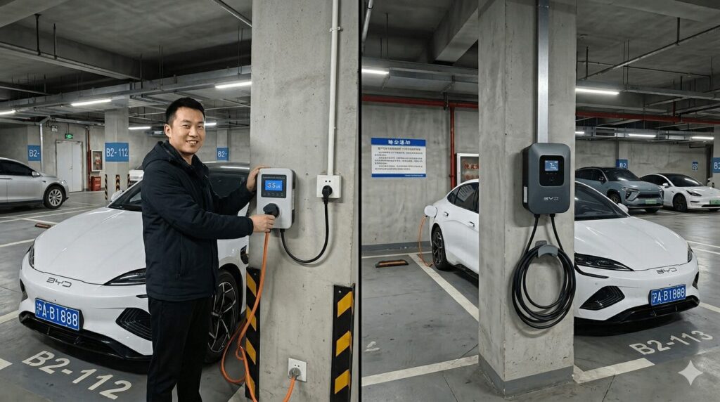 portable vs hardwired home EV chargers best options for Chinese apartment dwellers split comparison scene left side portable charger plugged into standard socket right side hardwired wallbox in underground parking garage