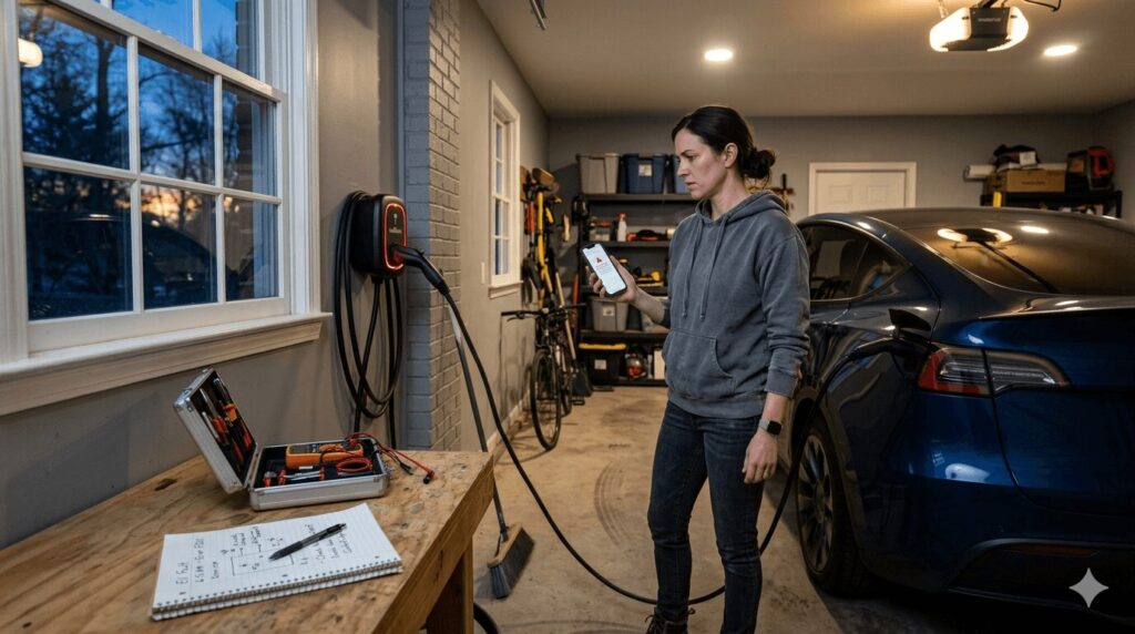 Troubleshooting home EV chargers common fixes for US and European models — homeowner checking a smartphone error code next to a wall-mounted charger showing a red fault light in a residential garage at early morning.