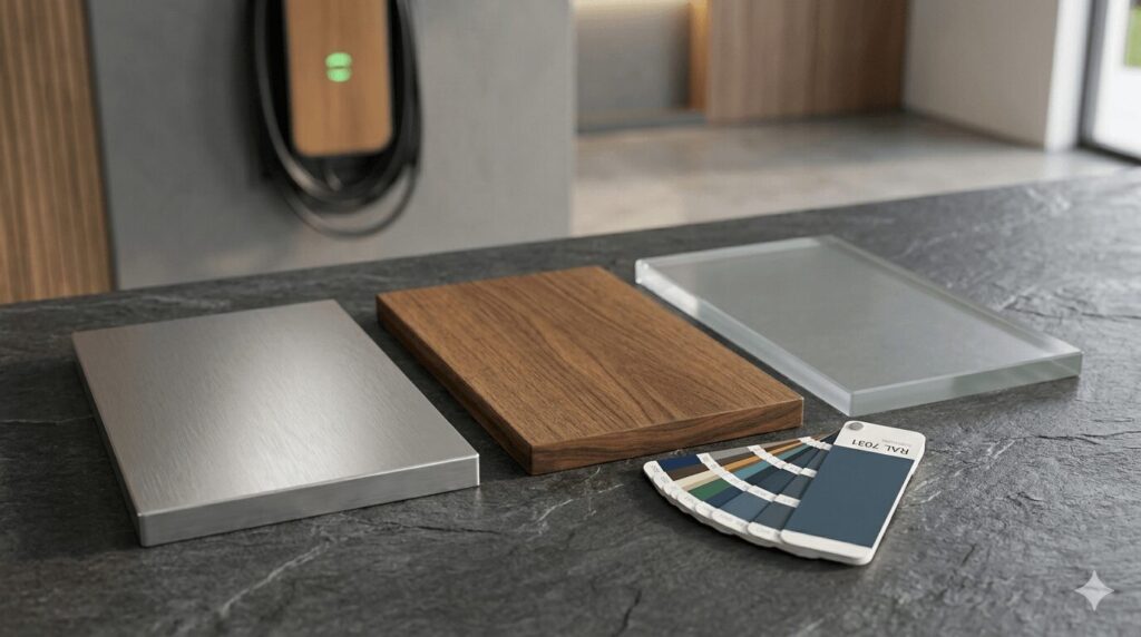 Close up of brushed aluminium solid walnut and tempered glass material samples for luxury chargers ChargePoint imported vs local premium brands Andersen style worth the premium decision