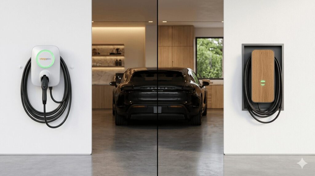 Luxury chargers ChargePoint imported vs local premium brands Andersen style worth the premium split comparison showing white ChargePoint plastic charger on left and aluminium wood recessed local charger on right in luxury villa garage