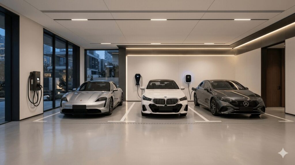 luxury EV charging 2026 Porsche Taycan BMW i5 Mercedes EQE best home solutions for China's 1 percent — three premium EVs (Porsche Taycan, BMW i5, Mercedes EQE) parked in a modern villa garage, each connected to its own wall-mounted premium home charger (ABB, BMW Wallbox, Mercedes Wallbox).
