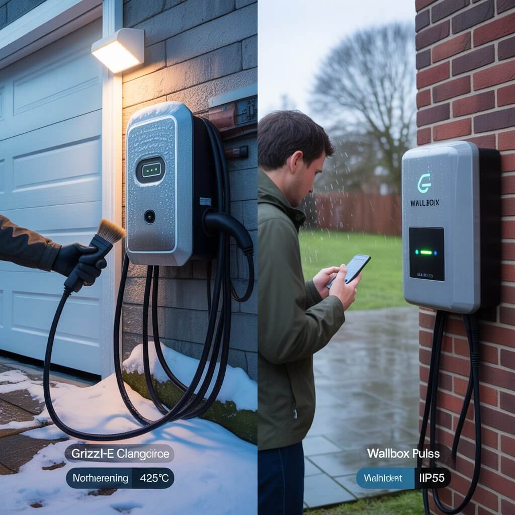 Split-screen comparison of Grizzl-E charger in harsh winter conditions versus Wallbox charger in rainy European weather with app warning light — EV charger maintenance 2026 brand comparison US Grizzl-E vs Europe Wallbox shows Grizzl-E's cold-weather advantage and Wallbox's smart-feature trade-offs for long-term reliability