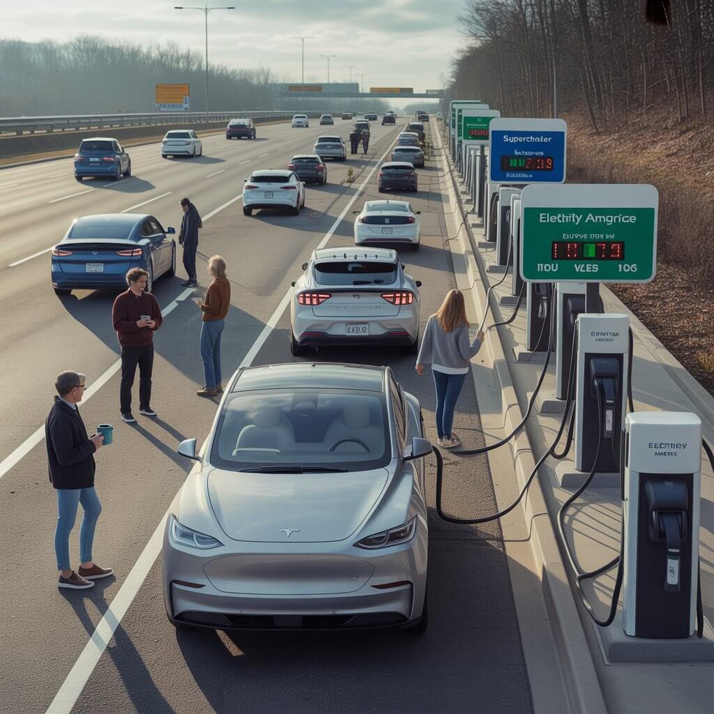 Busy US Thanksgiving week EV charging station queue at highway rest stop showing families waiting at Superchargers — holiday EV charging handling extra demand in US and Europe peak seasons requires planning alternative stops and arriving with higher battery buffer