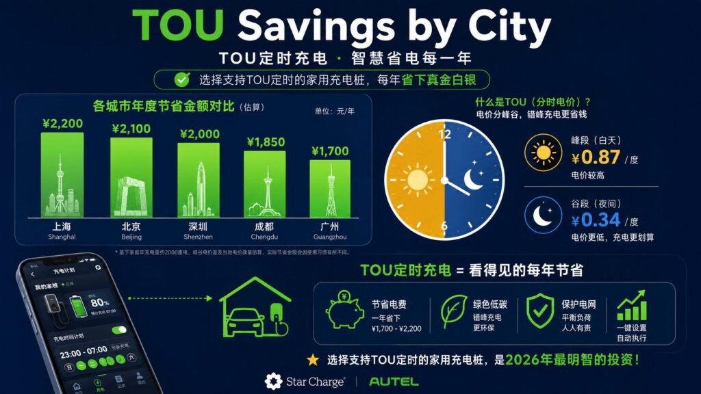 best home EV chargers 2026 top 7 comparison for Chinese homeowners Star Charge Autel — infographic showing TOU electricity savings across Shanghai, Beijing, Shenzhen, Chengdu, and Guangzhou with annual savings from ¥1,700 to ¥2,200 when using smart scheduling on any compatible home charger