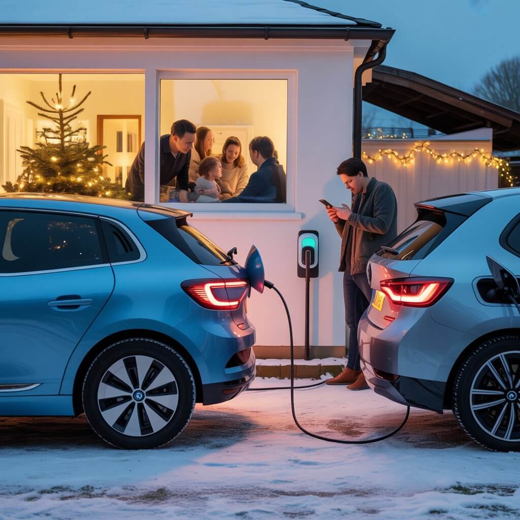 Two EVs charging from a single home wallbox on Christmas evening with family visible through the window — holiday EV charging handling extra demand in US and Europe peak seasons requires guest charging coordination and overnight scheduling for multiple vehicles