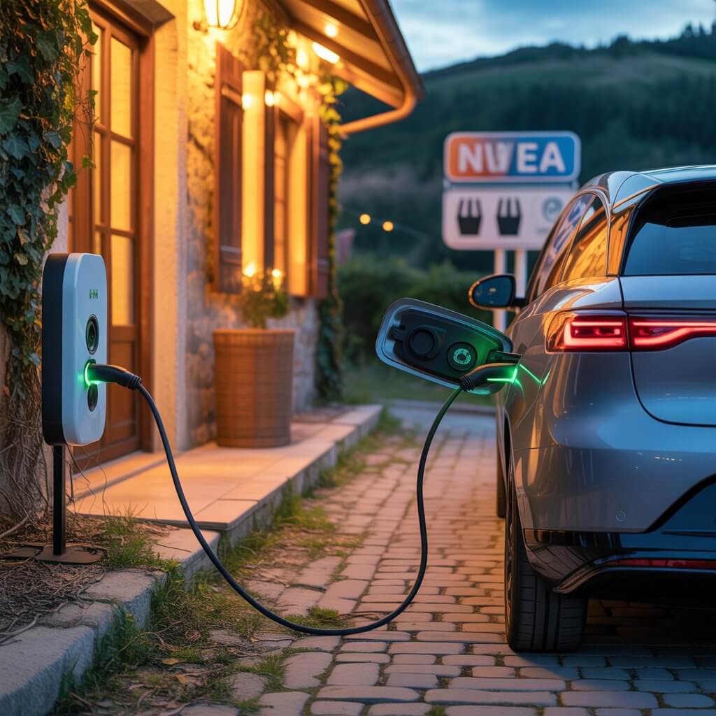 Best portable EV chargers for travel 2026 US NEMA adapters vs Europe Schuko — flat-lay comparison of NEMA 14-50 and Schuko Type 2 portable charging cables