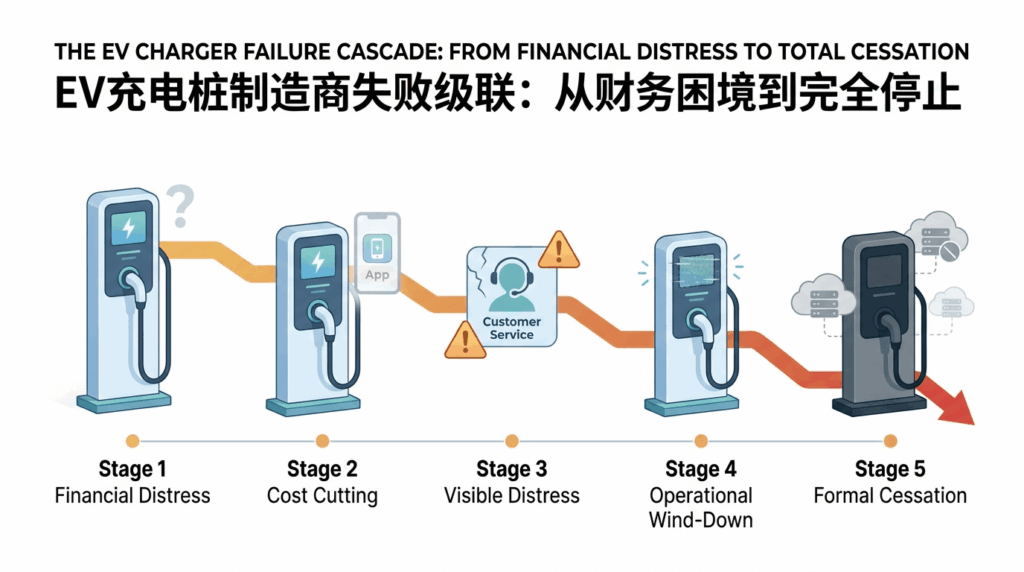 A five-stage failure cascade infographic illustrating the zombie pile crisis 2026 how to avoid dead chargers from liquidated Chinese brands, showing the progression from financial distress and cost-cutting through visible distress signals, operational wind-down, and formal company cessation, with the charger becoming progressively non-functional at each stage.
