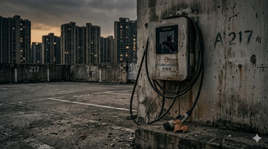 A featured illustration for the zombie pile crisis 2026 how to avoid dead chargers from liquidated Chinese brands guide, depicting an abandoned, dust-covered EV charger with a dead screen and tangled cable mounted on a residential parking area wall at dusk.