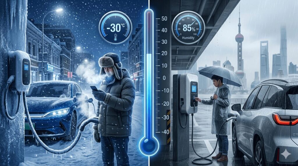 Winter EV charging guide 2026 cold weather performance for Harbin -30C vs wet Shanghai split-screen illustration showing Harbin extreme cold snowy EV charging scene with frost-covered cables and -30°C thermometer versus Shanghai humid rainy EV charging scene with condensation on equipment and 85% humidity reading, featuring Chinese electric vehicles charging in both winter conditions with dramatic cinematic lighting and cold blue-grey colour palette