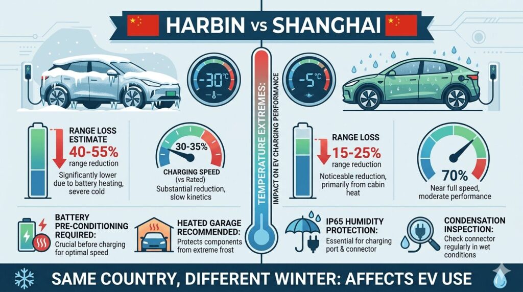 Harbin vs Shanghai winter EV charging comparison infographic for winter EV charging guide 2026 cold weather performance for Harbin -30C vs wet Shanghai showing side-by-side data including -30°C versus -5°C temperatures, 40-55% versus 15-25% range loss, 30-35% versus 70% charging speed retention, and key requirements including battery pre-conditioning and heated garages for Harbin versus IP65 humidity protection and condensation inspection for Shanghai, with snowflake and raindrop icons