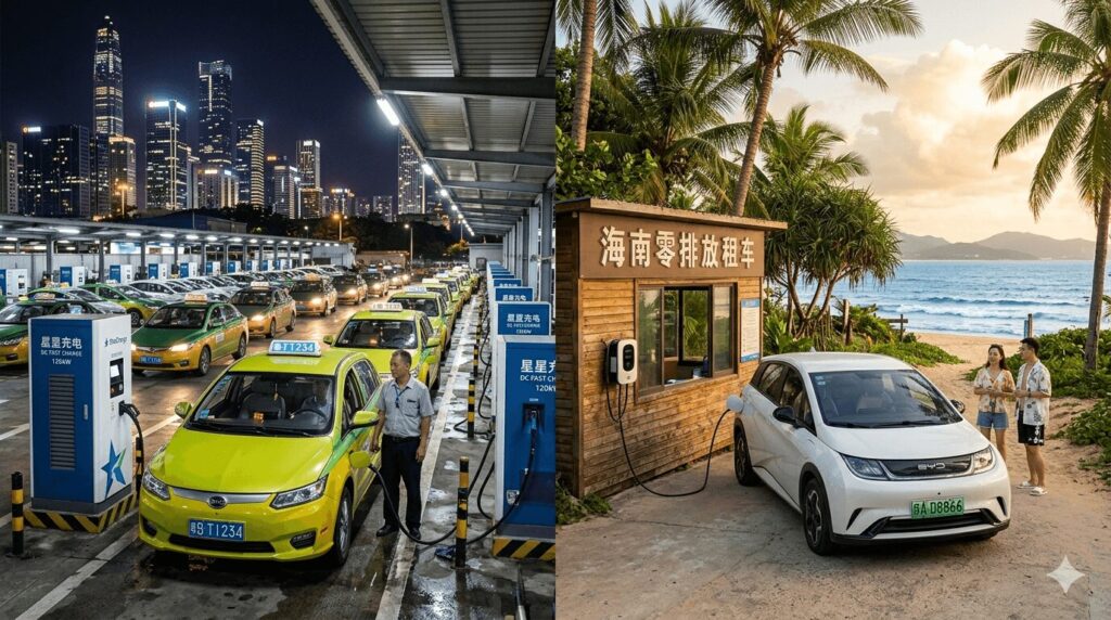 Featured image for the article: user stories real EV charger setups from Chinese drivers from Shenzhen taxis to Hainan tourists — contrasting a Shenzhen BYD taxi depot with DC fast charging and a Hainan coastal EV rental office with home-style AC charging
