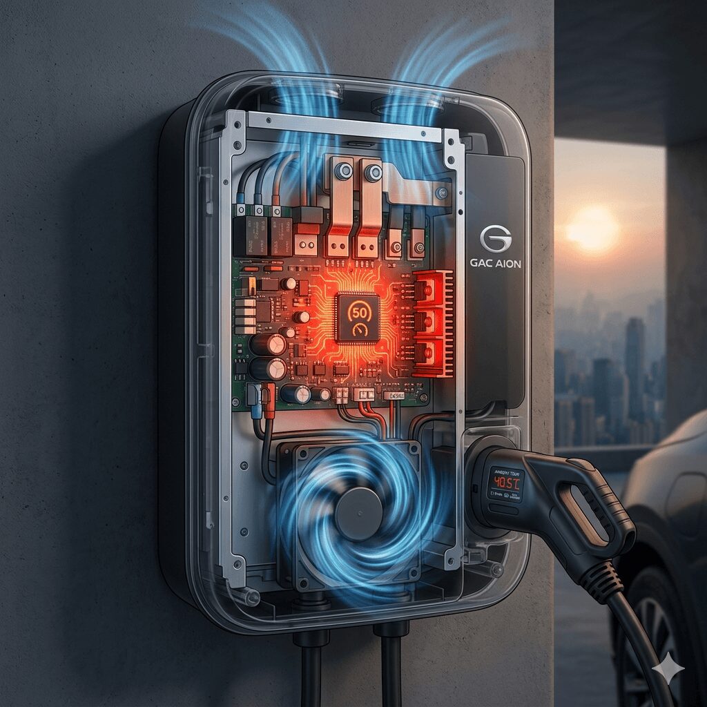 Hot weather EV charger tips thermal management for furnace cities like Wuhan and Chongqing - an infographic showing internal charger components and thermal throttling protection when temperatures rise above 40°C.