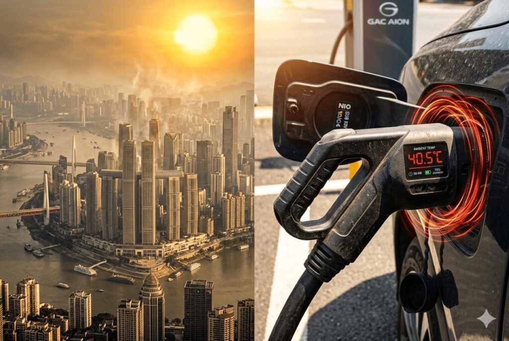 Hot weather EV charger tips thermal management for furnace cities like Wuhan and Chongqing - illustrated split image showing an EV charger battling extreme city summer heat with a digital cooling system.