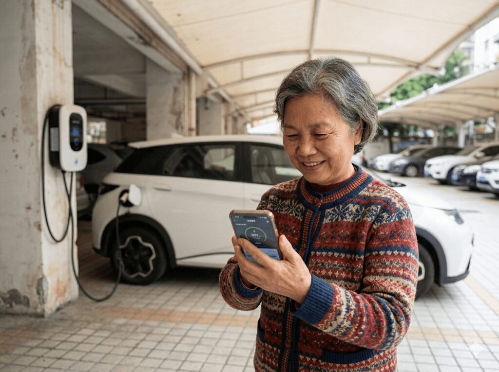 Article body image illustrating the Guangzhou grandmother story: user stories real EV charger setups from Chinese drivers from Shenzhen taxis to Hainan tourists — showing an elderly Chinese woman managing daily EV charging for her grandson's BYD in a Guangzhou residential parking area