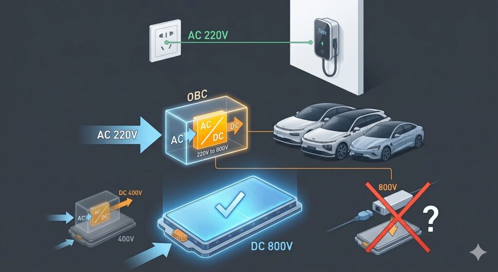 800V vs 400V architecture should Chinese EV owners buy an 800V ready charger in 2026 — split comparison showing a standard 7kW GB/T home charger versus an identically performing but overpriced '800V Ready' charger mounted side by side in a Chinese apartment garage, with a BYD Seal and Zeekr 001 in the background