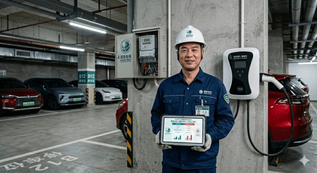 Professional EV charger installation costs 2026 what State Grid chargers vs private companies charge — featured image of a licensed Chinese electrician comparing costs on a tablet beside a wall-mounted home EV charger in an underground car park