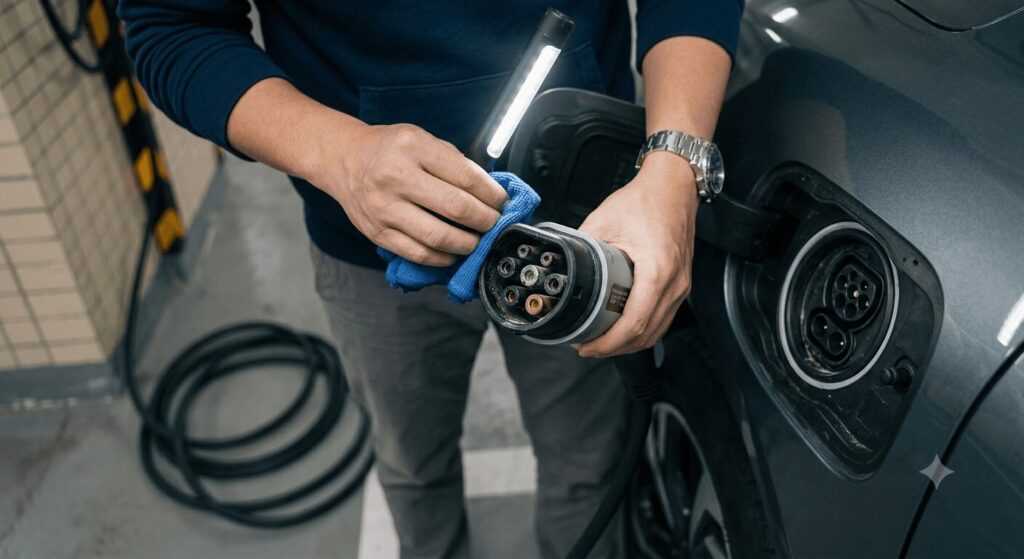 Body image: Close‑up of a person inspecting and cleaning the EV charging connector for debris or moisture, a first‑step action in troubleshooting home EV chargers common error codes for GB/T standards.