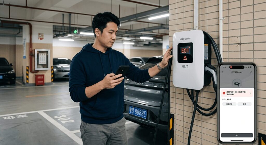 A home EV charger showing an error code on its display while the owner checks the app, illustrating troubleshooting home EV chargers common error codes for GB/T standards in a real‑world Chinese residential garage.