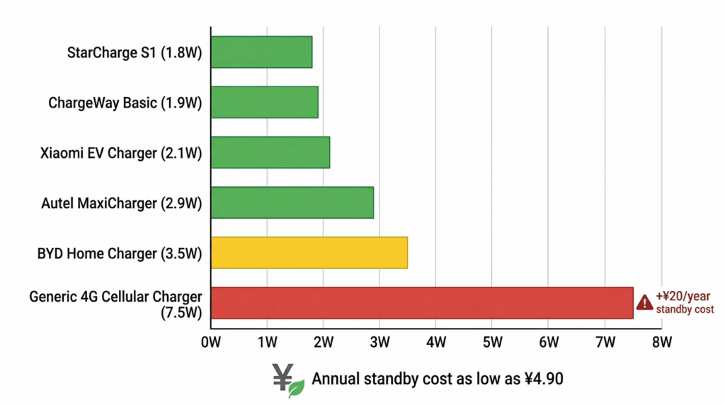 most energy-efficient EV chargers 2026 lowest standby power draw for the Chinese grid infographic bar chart comparing standby power from StarCharge S1 at 1.8 watts to generic 4G cellular charger at 7.5 watts, with annual standby costs ranging from 4.90 yuan to over 20 yuan, showing green efficient bars and red inefficient bars
