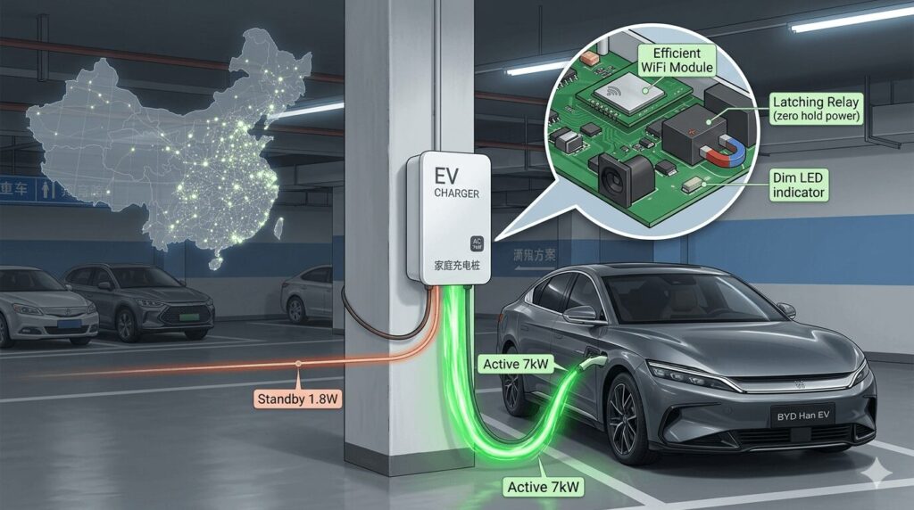 most energy-efficient EV chargers 2026 lowest standby power draw for the Chinese grid featured illustration showing a wall-mounted home charger with a thin 1.8W standby energy trickle versus a thick 7kW active charging flow, with a magnified view of efficient internal components including a latching relay and low-power WiFi module in a Chinese residential parking garage