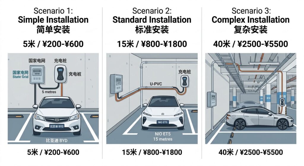 Professional EV charger installation costs 2026 what State Grid chargers vs private companies charge — comparison diagram showing simple 5-metre, standard 15-metre, and complex 40-metre cable runs with material cost ranges for each scenario in a Chinese car park