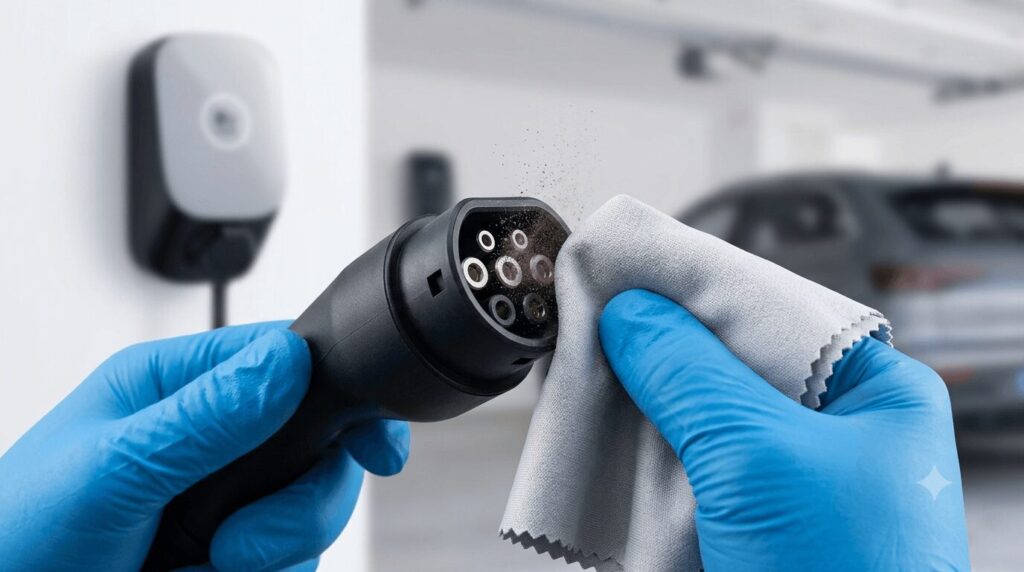 EV charger maintenance 2026 dust protection vs humidity resistance brand comparison – Close-up of connector contact pin cleaning with a microfiber cloth, demonstrating essential dust and corrosion prevention maintenance for EV chargers in China