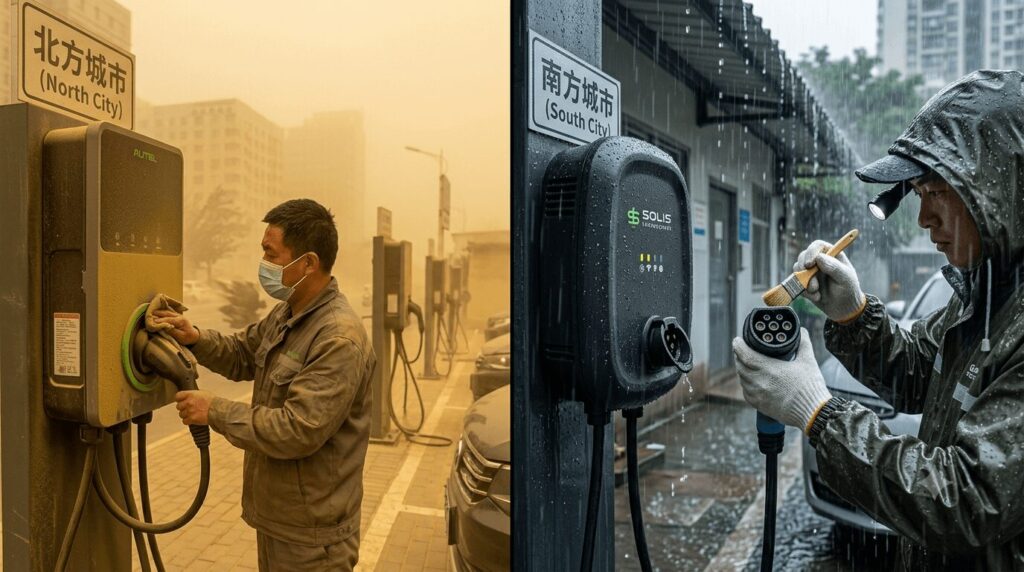 EV charger maintenance 2026 dust protection vs humidity resistance brand comparison – Split-screen featured image showing dust storm maintenance in northern China versus monsoon humidity maintenance in southern China, featuring Autel MaxiCharger and Ginlong Solis Smart chargers