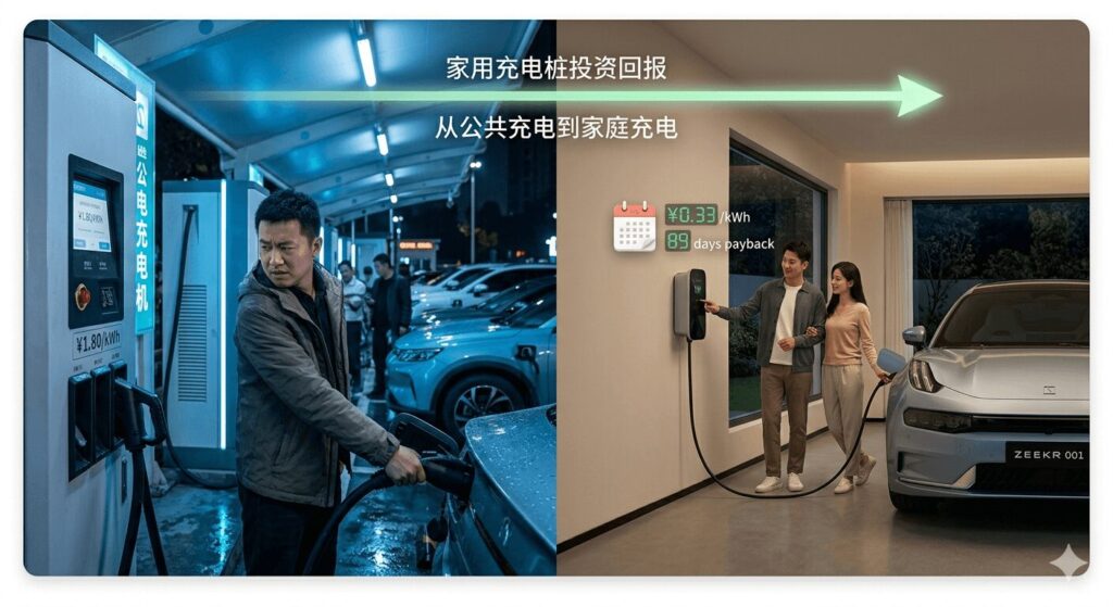 EV home charger ROI calculator 2026 when it pays off with local rebates included — featured infographic showing Shanghai garage installation with 59-day payback and subsidy stacking illustration