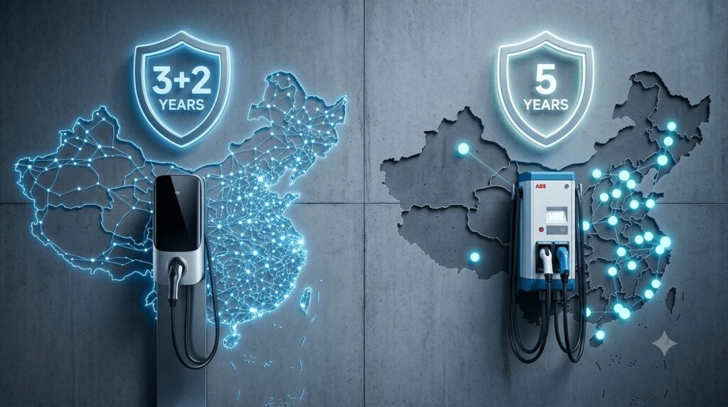 EV charger warranty comparison 2026 best coverage from local brands vs US importers — a split image showing a Chinese brand with an extensive nationwide service network versus an international brand with a 5-year warranty but a thinner service presence in smaller Chinese cities.