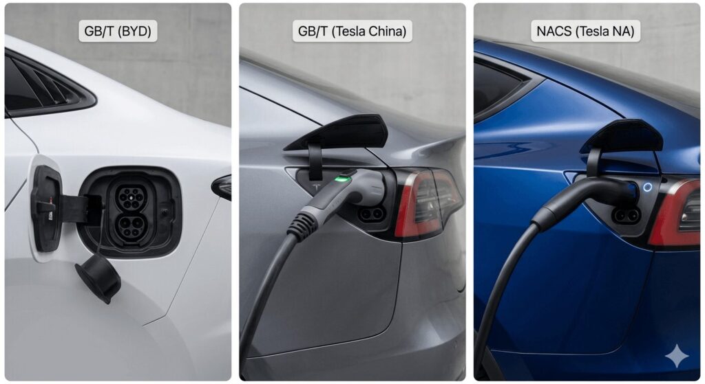 Interactive EV charger selector tool: GB/T vs NACS – find your match for Tesla/BYD/Xpeng — body image showing real-world charging port comparison between BYD Seal (GB/T), China-made Tesla (GB/T), and North American Tesla (NACS)