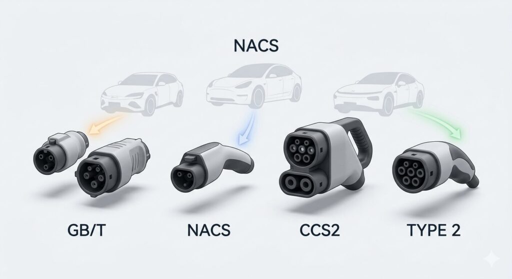 Interactive EV charger selector tool: GB/T vs NACS – find your match for Tesla/BYD/Xpeng — featured comparison diagram showing four major connector standards with vehicle matching guide