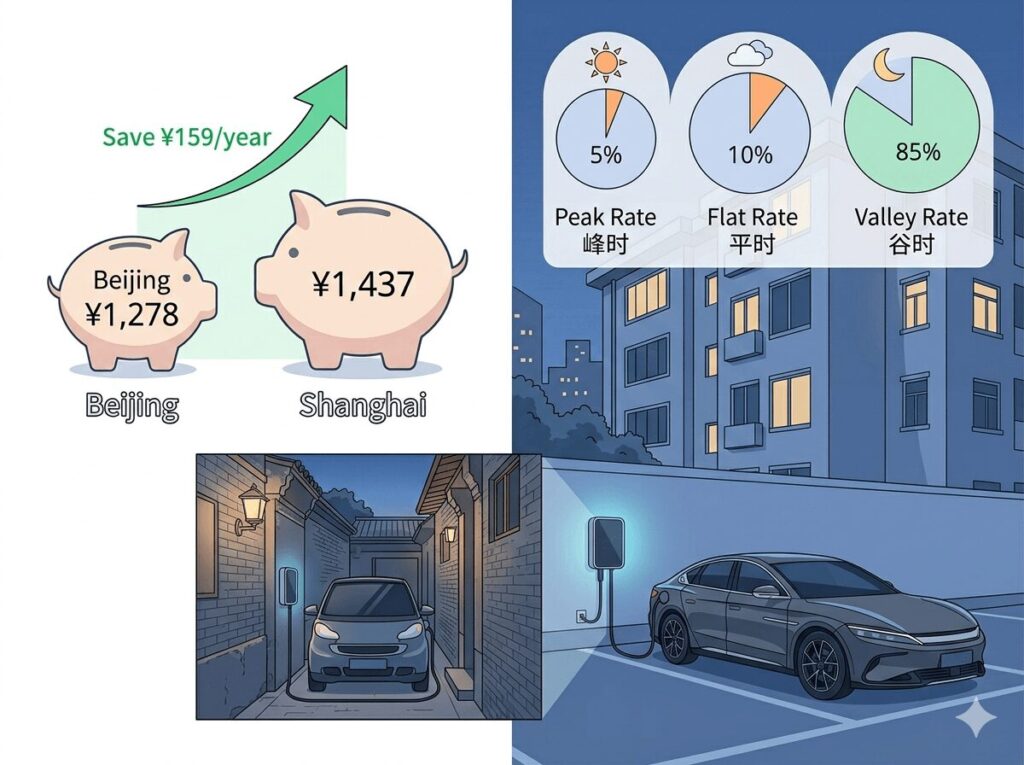 home EV charging cost calculator factor in tiered electricity rates Beijing vs Shanghai — illustration showing a BYD Han EV plugged into a home charger at night with TOU valley rate display, alongside Beijing and Shanghai skyline comparison.
