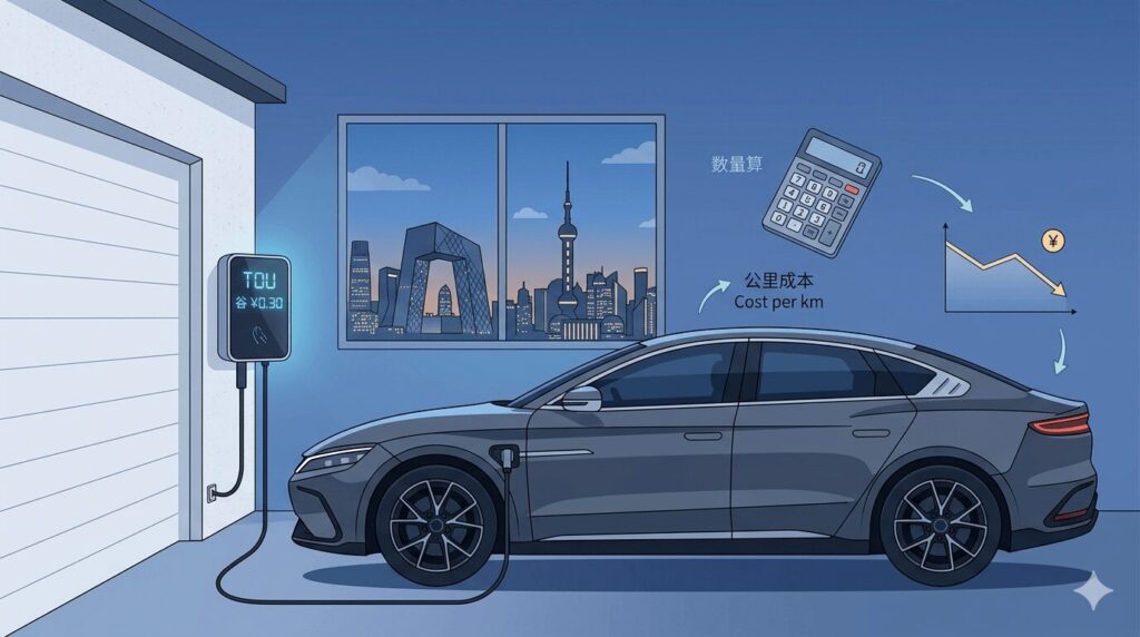 In-article image: home EV charging cost calculator factor in tiered electricity rates Beijing vs Shanghai — data visualisation showing Beijing saves ¥159 per year over Shanghai with 85% valley rate charging mix for a BYD Han EV.