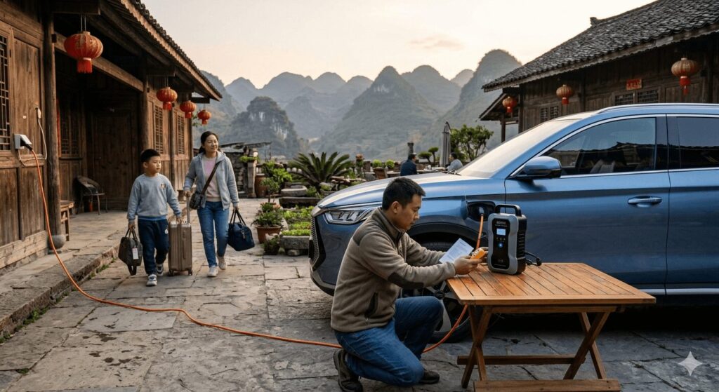 Best portable EV chargers for travel 2026 China national highway road trip essentials in action at rural guesthouse accommodation showing portable EVSE connected to exterior socket with Chinese family road trippers testing socket safety before overnight charging at traditional mountain guesthouse