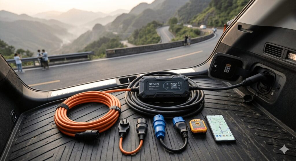 Best portable EV chargers for travel 2026 China national highway road trip essentials complete charging kit laid out in EV boot showing BESEN portable EVSE, interchangeable plugs, extension cable, socket tester and smartphone with Amap navigation app displaying EV charging stations along a scenic Chinese highway route