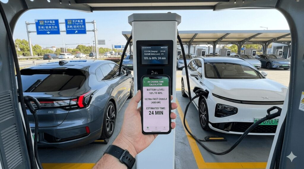 Public DC fast charging comparison using the EV charge time calculator 2026 how long to full for your Chinese EV BYD to NIO, showing a Zeekr 001 and Xpeng G9 Ultra at a 400 kW ChaoJi station in China with 10-80% times under 25 minutes.