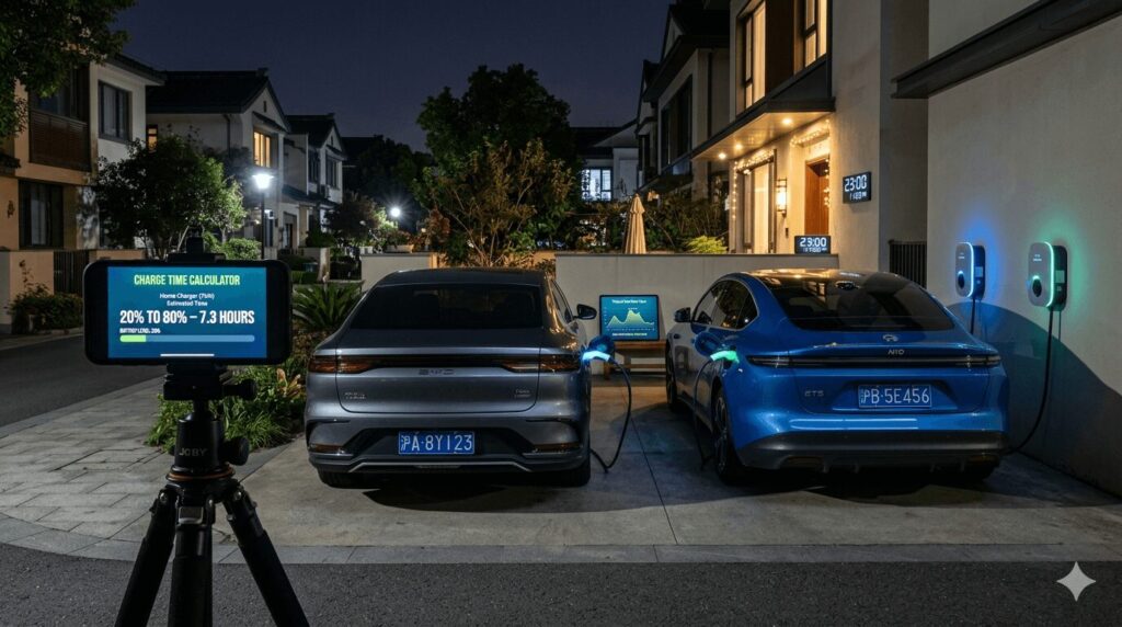 EV charge time calculator 2026 how long to full for your Chinese EV BYD to NIO shown on a smartphone beside a BYD Han and NIO ET5 charging overnight at home in Shanghai, demonstrating 7 kW AC charging fitting within the 9-hour valley window.