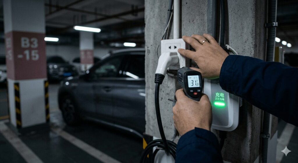 Hand performing the mandatory 30-minute warm-hand test on a 220V socket during a DIY EV charger installation 2026 easiest plug and play models for Chinese apartments 220V to check for safe sustained current draw before overnight charging