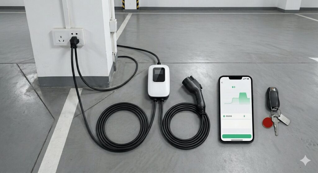 Flat lay of certified portable EVSE plugged into a standard 220V apartment wall socket with smartphone and car keys, illustrating a safe DIY EV charger installation 2026 easiest plug and play models for Chinese apartments 220V setup without an electrician