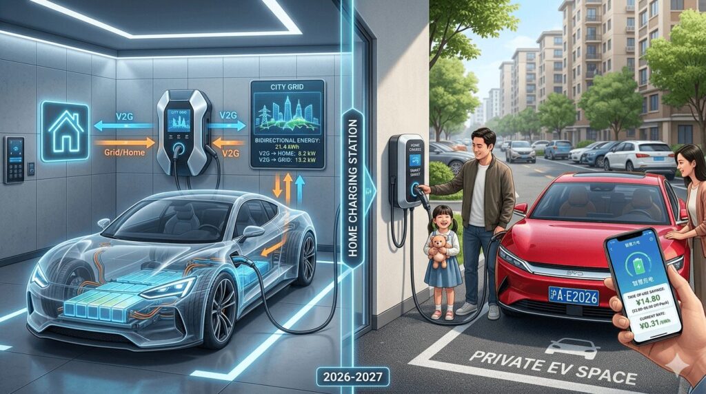 upcoming EV charger trends 2026-2027 V2G solid-state batteries and what to buy now in China featured illustration showing a bidirectional V2G home charger on the left with a futuristic solid-state battery EV and a standard smart charger on the right in a Chinese residential community