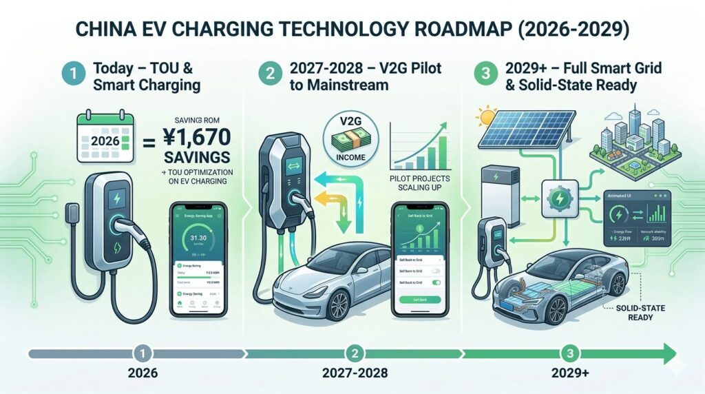 upcoming EV charger trends 2026-2027 V2G solid-state batteries and what to buy now in China technology roadmap graphic showing three stages from today TOU charging to V2G mainstream deployment and future solid-state battery readiness