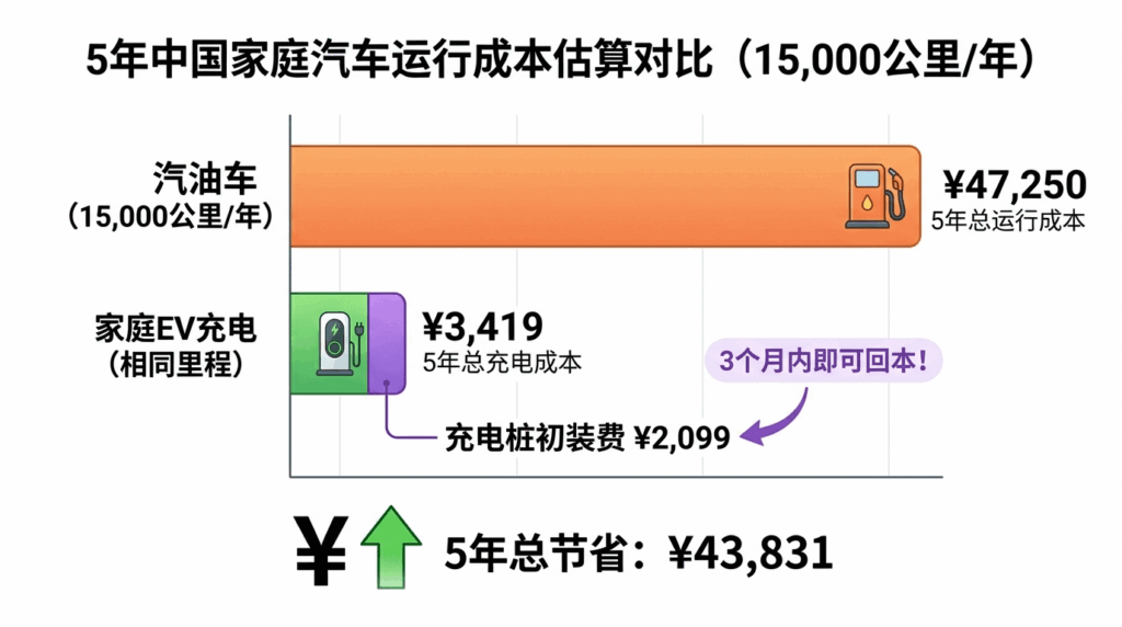 5-year true cost of home EV charger ownership 2026 China electricity pricing vs petrol infographic bar chart showing 47250 yuan five-year petrol cost versus 3419 yuan five-year home charging cost with a 43831 yuan saving and a 3-month charger payback callout