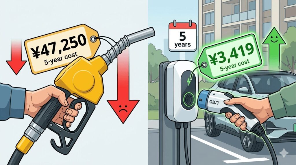 5-year true cost of home EV charger ownership 2026 China electricity pricing vs petrol featured illustration comparing a petrol pump showing 47250 yuan five-year cost on the left versus a home EV charger showing 3419 yuan five-year cost on the right in a Chinese residential parking scene