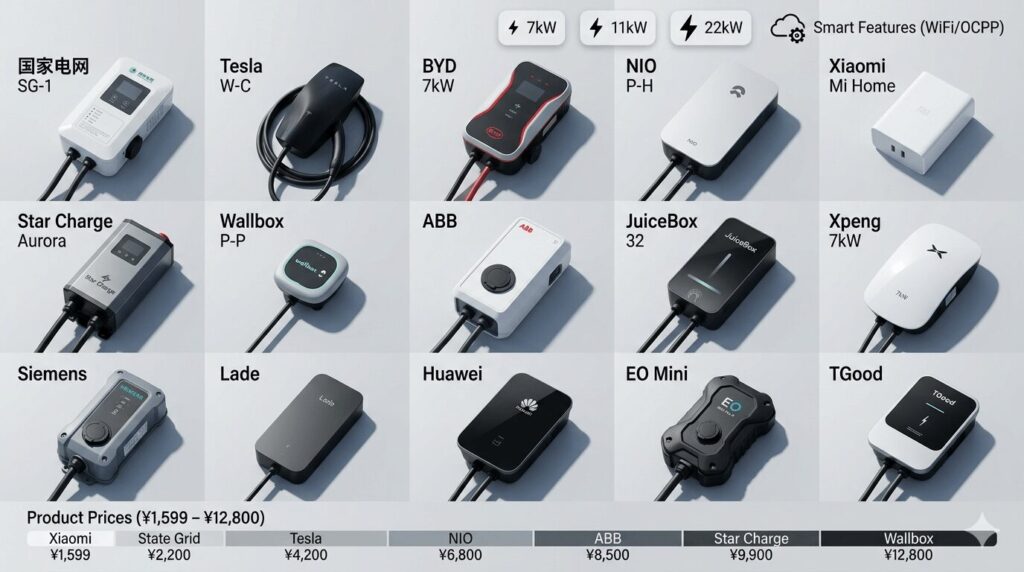 visual side-by-side: 15 top EV chargers 2026 – China market compared — grid display of State Grid, Tesla, BYD, NIO, Xiaomi, Star Charge, Wallbox, and Huawei home chargers with power ratings and price comparison chart.