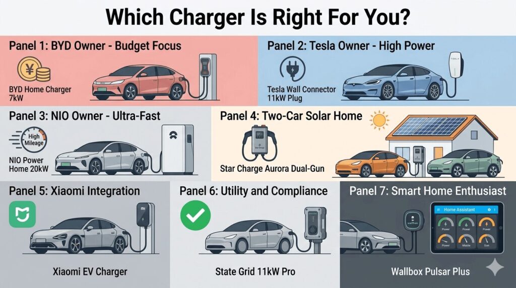 visual side-by-side: 15 top EV chargers 2026 – China market compared — decision flowchart showing seven owner scenarios matched to recommended chargers including BYD, Tesla, NIO, Xiaomi, State Grid, Star Charge, and Wallbox.